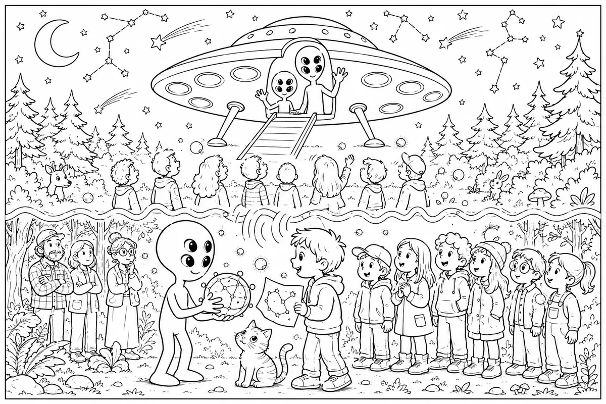 Alien-Erstkontakt als Diptychon mit freundlichem Raumschiff oben und Alien und Kind mit Sternenkarten unten