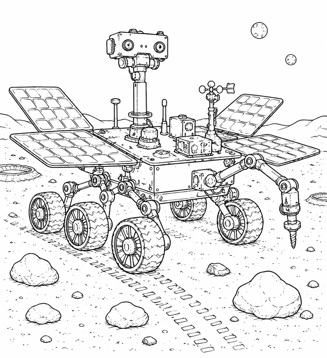 Mars-Rover in Nahaufnahme mit sechs Rädern und Solarflügeln auf der Marsoberfläche