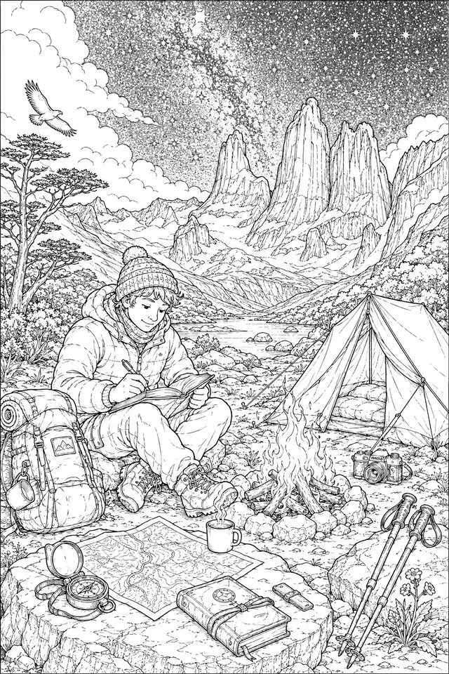 Weltreisender schreibt am Lagerfeuer in Patagonien in sein Abenteuer-Tagebuch