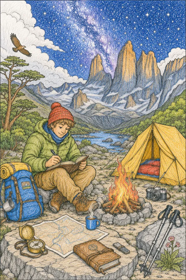 Weltreisender schreibt am Lagerfeuer in Patagonien mit Torres del Paine und Sternenhimmel