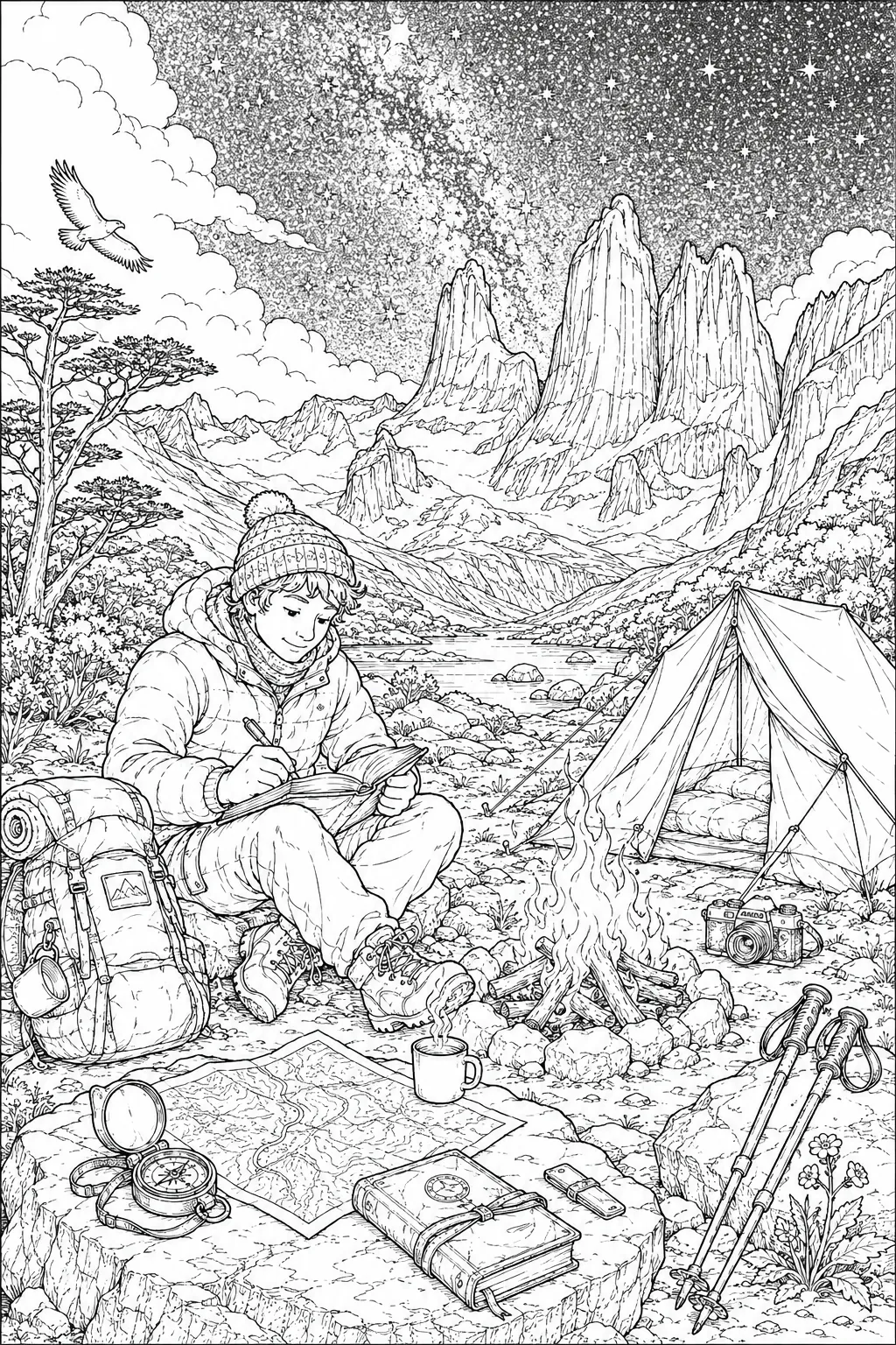 World traveler writing by campfire in Patagonia with Torres del Paine and starry sky
