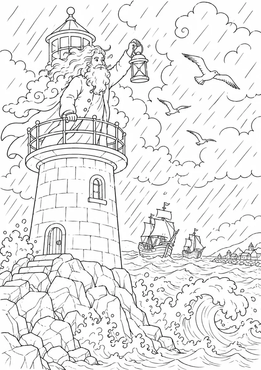 Ausmalbild eines Sturmhüters mit Laterne auf einem Leuchtturm bei Sturm