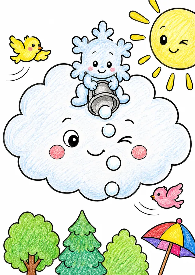 Hailstone child sits on a summer cloud tipping three hailstones downward