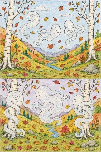 双联画：三只雾灵在秋日白桦山谷上空和其中飘游