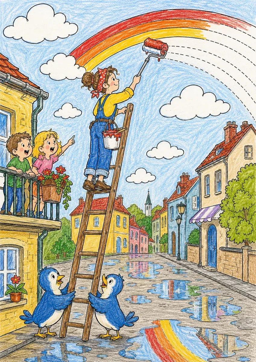 Regenbogenmalerin streicht den Himmel