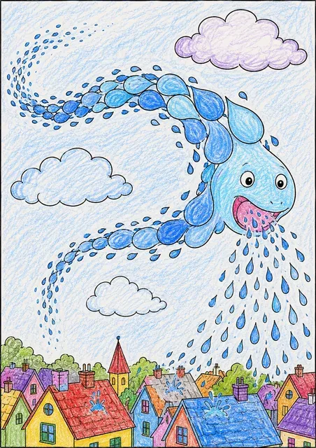 Ausmalbild einer Regenspirale aus Wassertropfen, die durch Wolken schwimmt
