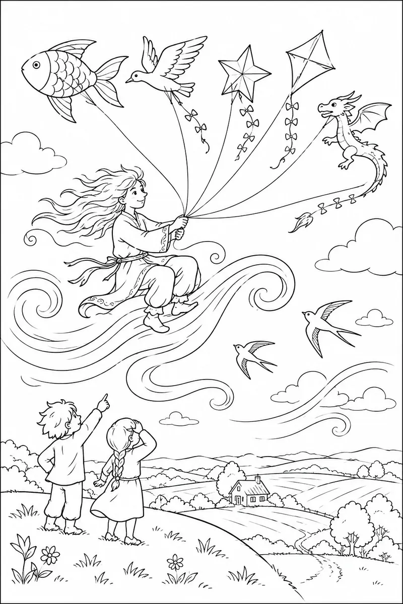 驾风者带五只纸鸢飞过田野的涂色画