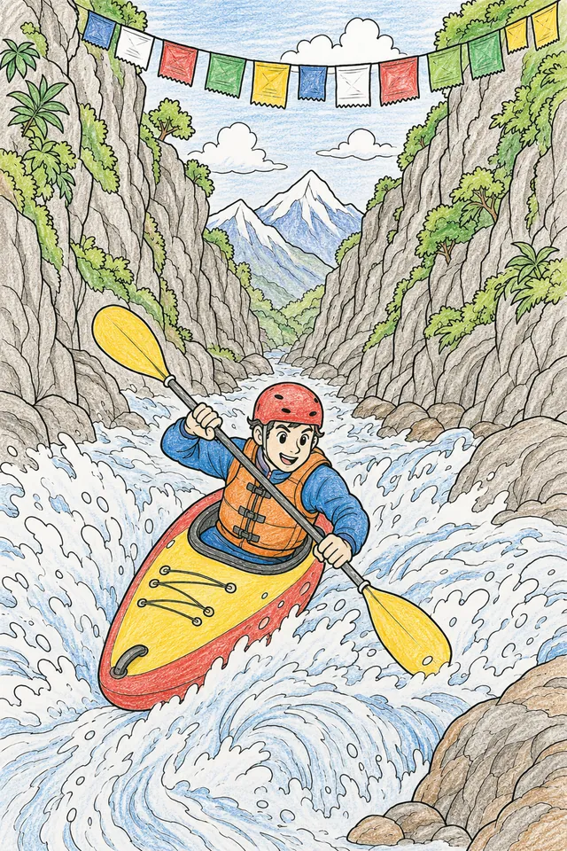 Kajak in buntem Boot schießt durch enge Wildwasser-Felsschlucht in Nepal mit Gebetsfahnen