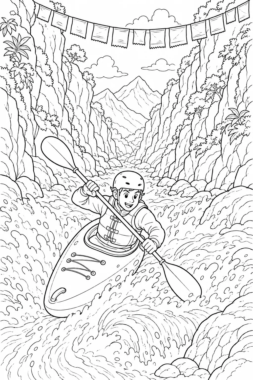 Kajak in buntem Boot schießt durch enge Wildwasser-Felsschlucht in Nepal mit Gebetsfahnen