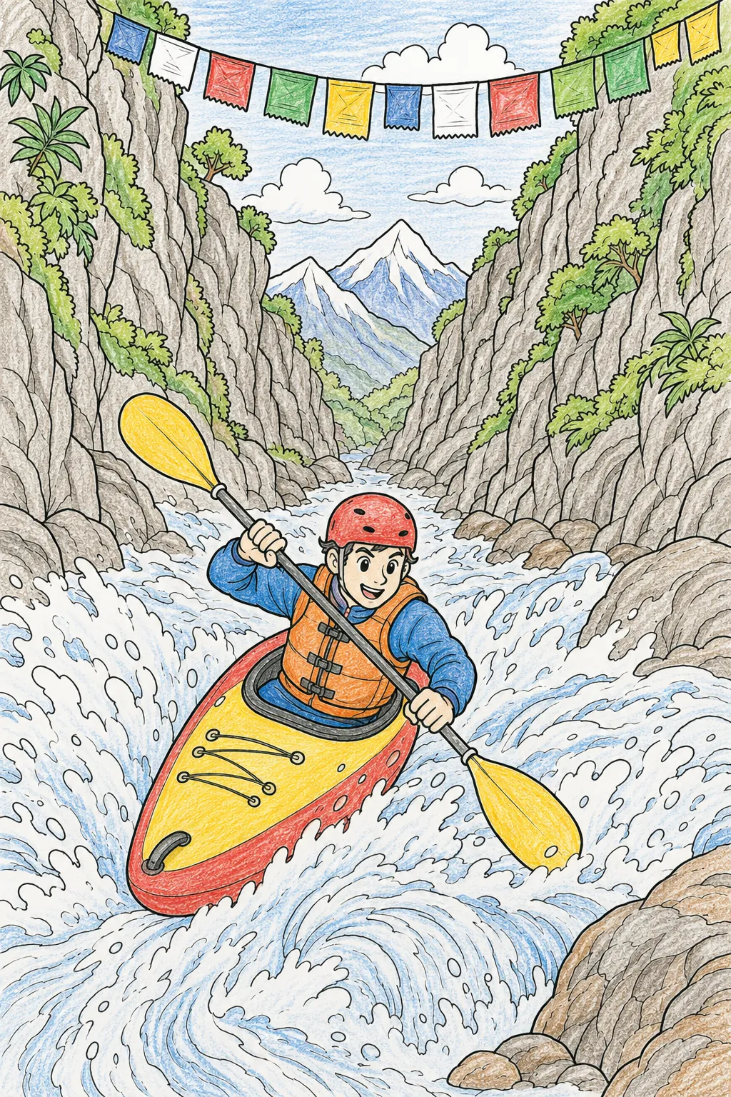 Wildwasser-Kajakfahrer stürzt durch eine enge Schlucht in Nepal