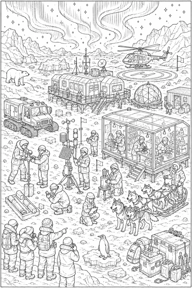 Wimmelbild: Arktische Forschungsstation im Schnee