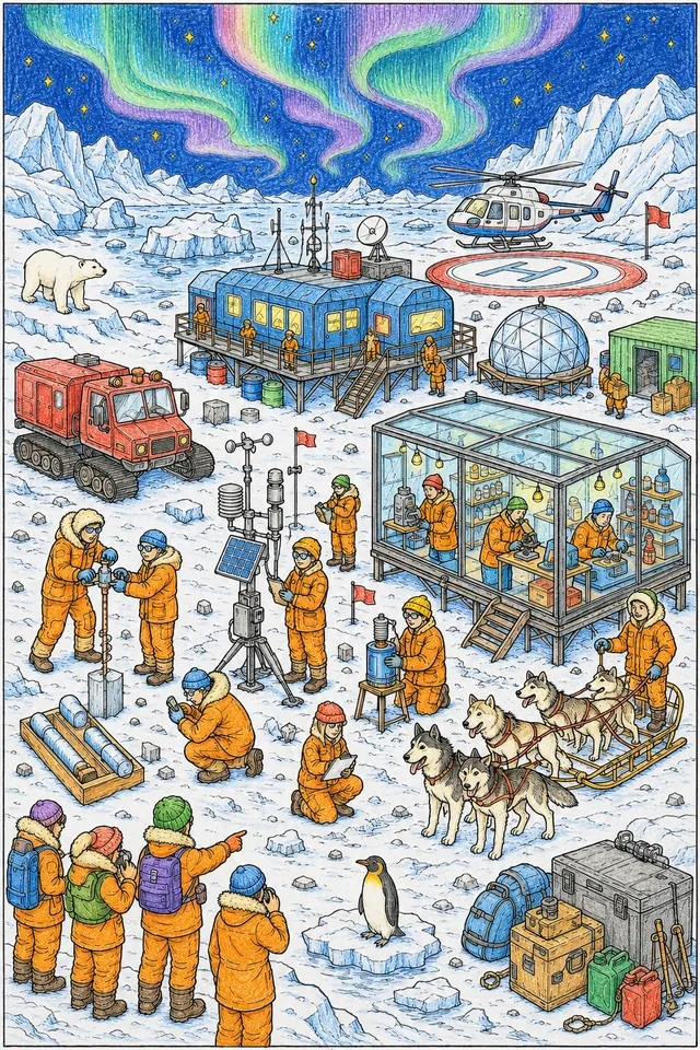Ausmalseite: Wimmelbild einer arktischen Forschungsstation mit Wissenschaftlern beim Eisbohren, Eisbär und Polarlicht