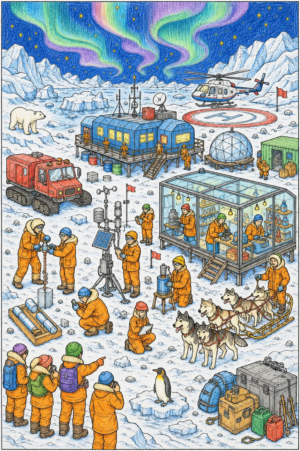 Wimmelbild: Arktische Forschungsstation im Schnee