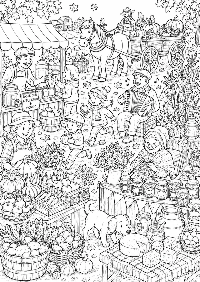 Wimmelbild: Bunter bäuerlicher Erntemarkt