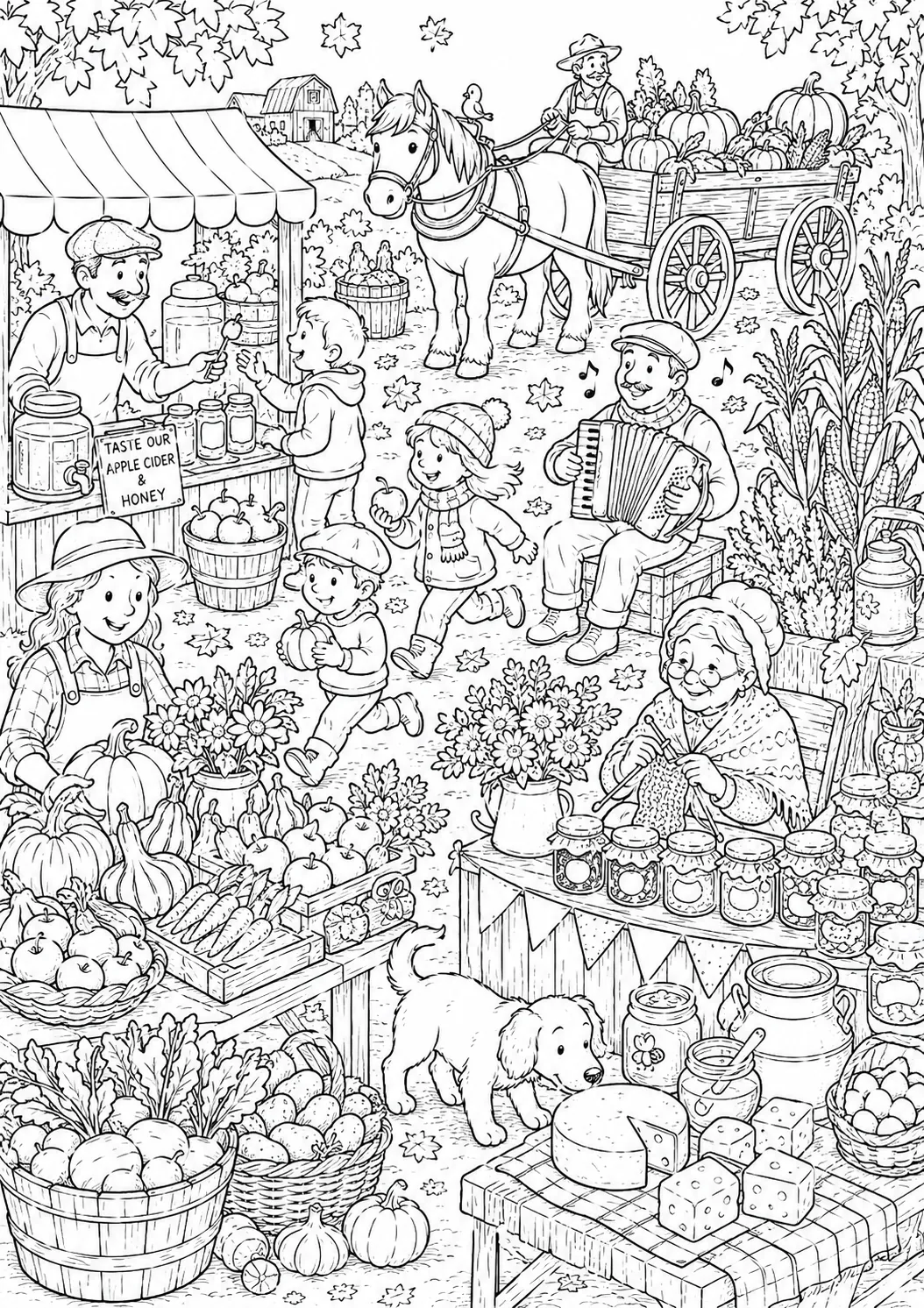 Ausmalseite Wimmelbild: Herbstlicher Erntemarkt mit Bauern, Kürbissen, Äpfeln, Pferdewagen, Kindern und Hund