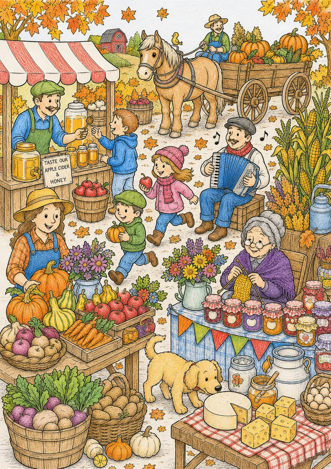 Wimmelbild: Bunter bäuerlicher Erntemarkt