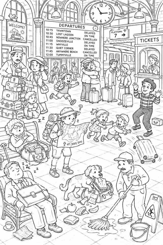 Wimmelbild: Großer Bahnhof mit reisenden Familien, Zügen und vielen Details