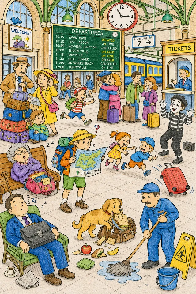 Wimmelbild eines belebten Bahnhofs mit reisenden Familien, Wiedersehen, Abschied und lustigen Szenen