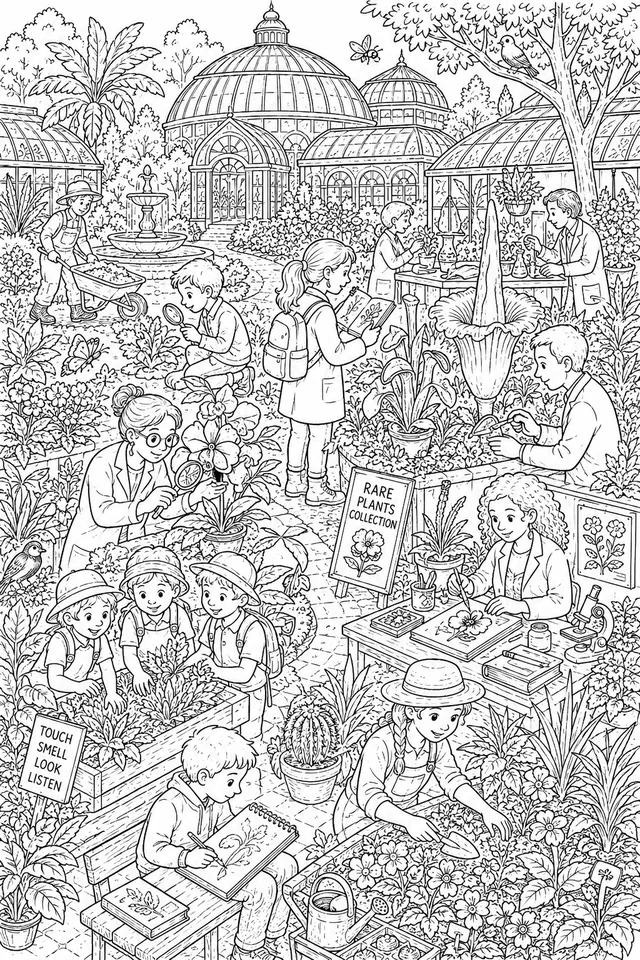 Wimmelbild: Botanischer Garten mit Forschern und Schülern