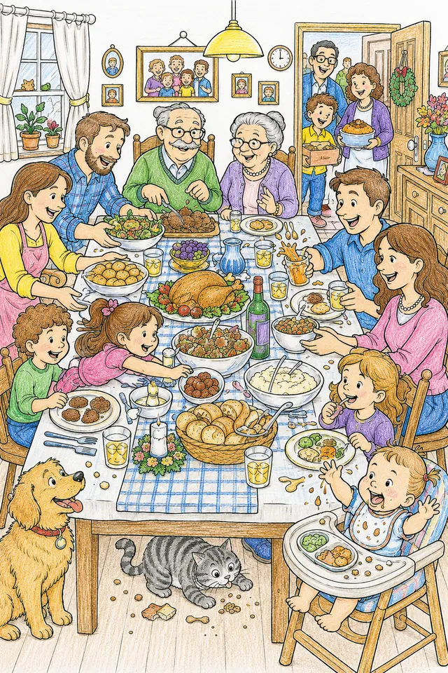 Wimmelbild: Großes Familientreffen am Sonntagstisch – So könnte es aussehen