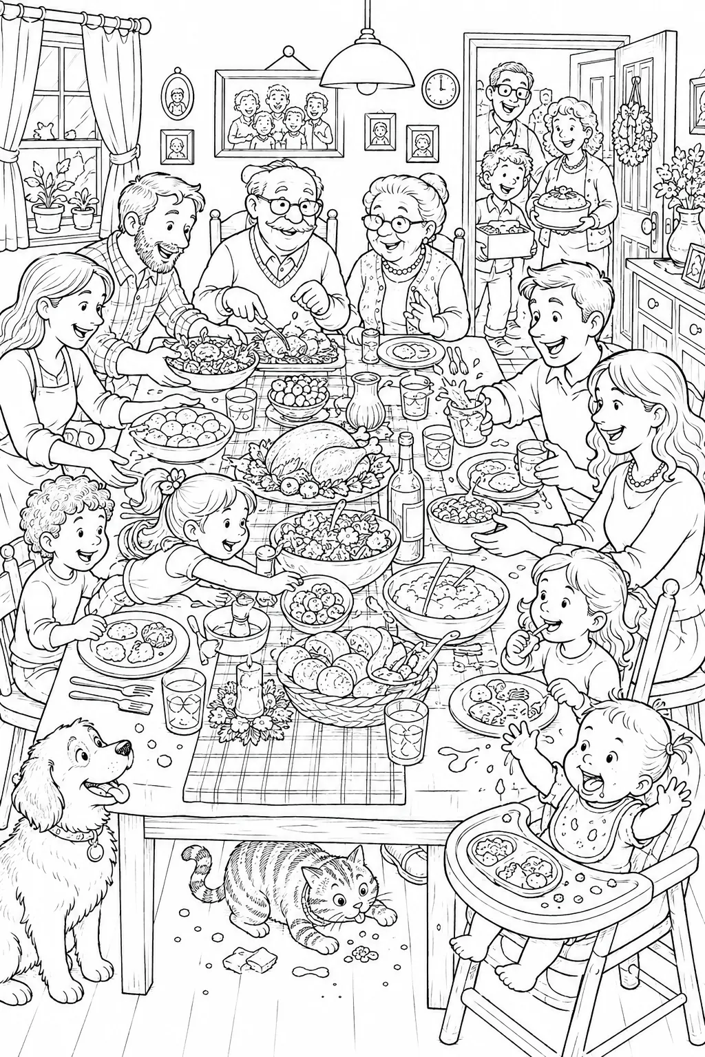 Ausmalseite Wimmelbild: Große Familie beim Sonntagsessen mit Großeltern, Kindern, Katze, Hund und Baby