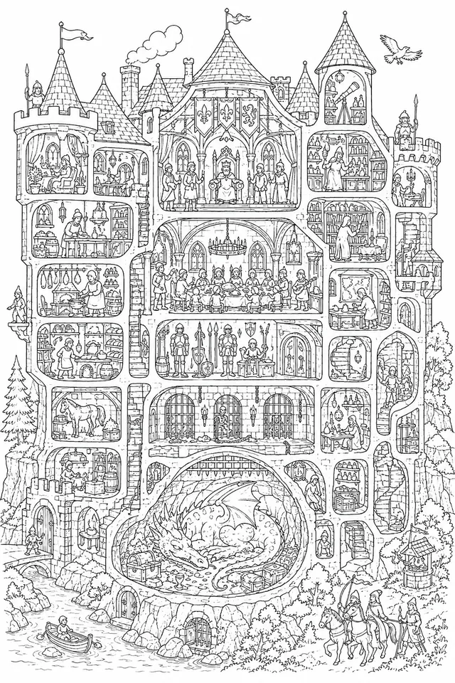 Wimmelbild: Mittelalterliche Fantasieburg im Querschnitt