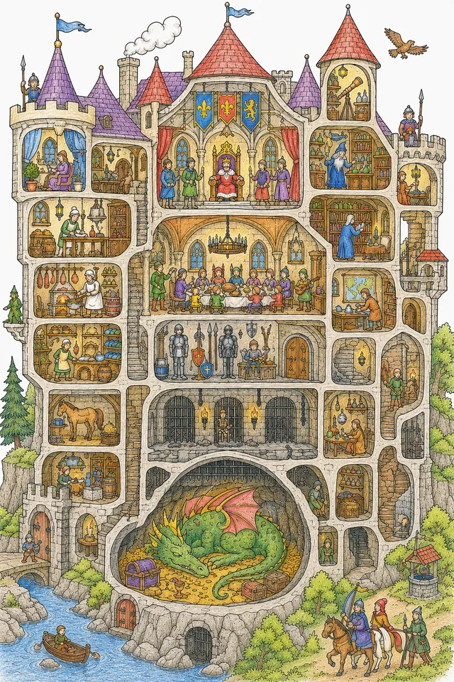 Wimmelbildvorlage: Fantasieburg-Querschnitt mit Thronsaal, Verlies, Küche, Zauberturm und Drachen im Keller