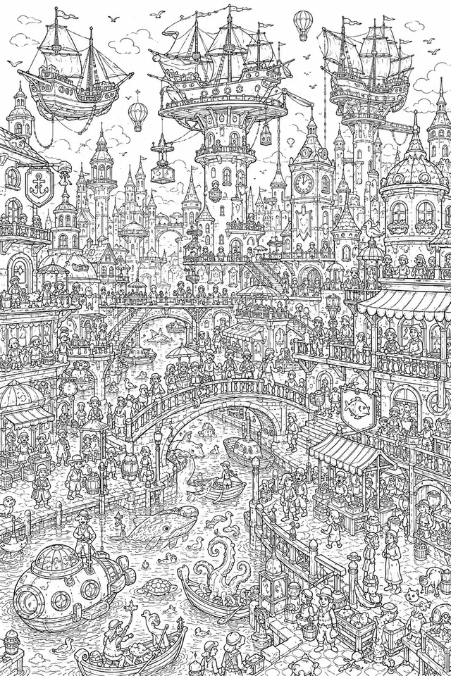 Wimmelbild: Fantastische Hafenstadt mit fliegenden Schiffen