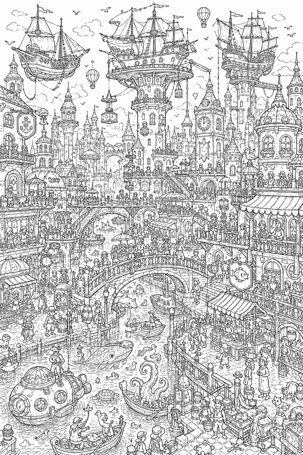 Wimmelbild-Ausmalseite einer fantastischen Hafenstadt mit fliegenden Schiffen und Meereslebewesen