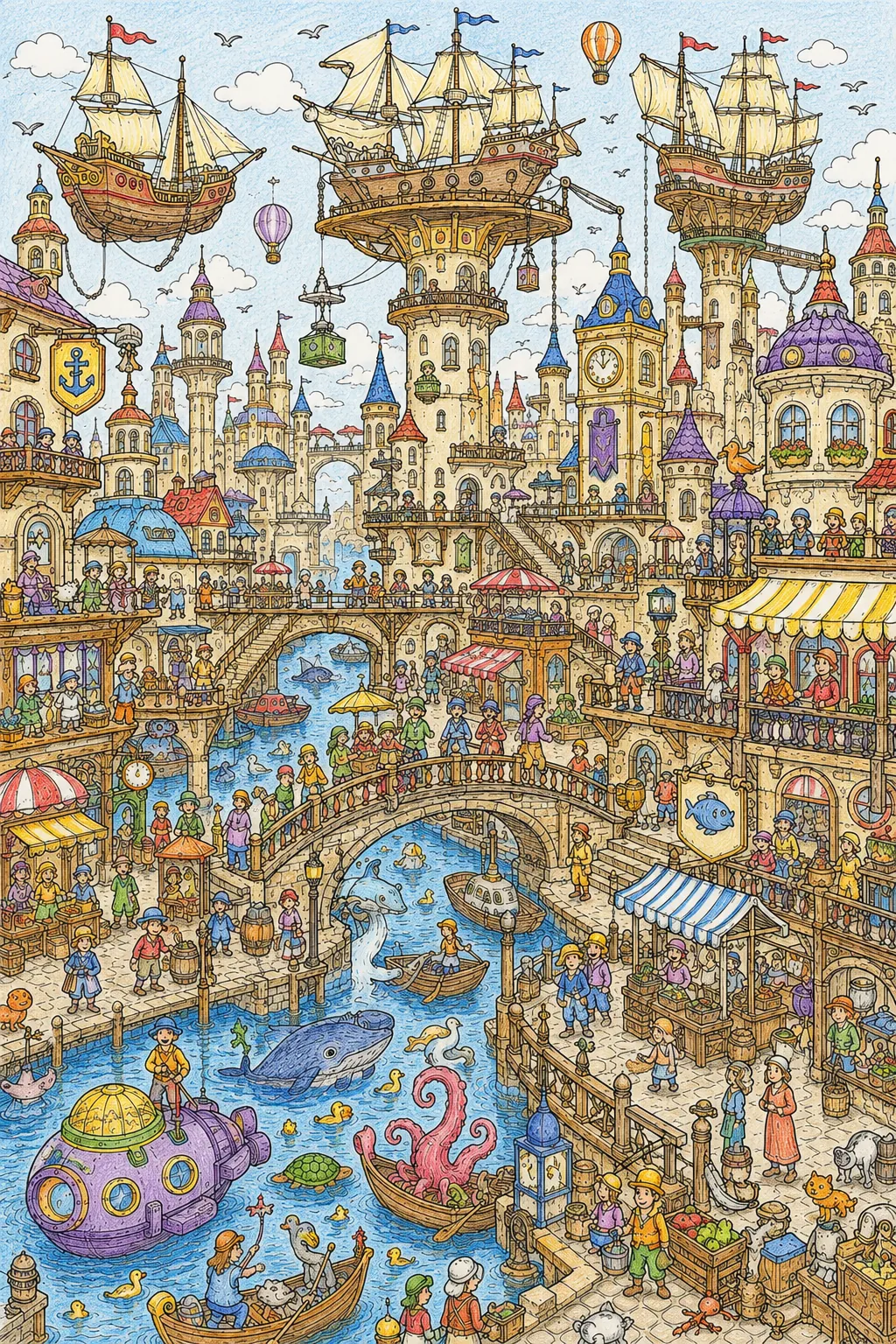 Wimmelbild: Fantastische Hafenstadt mit fliegenden Schiffen