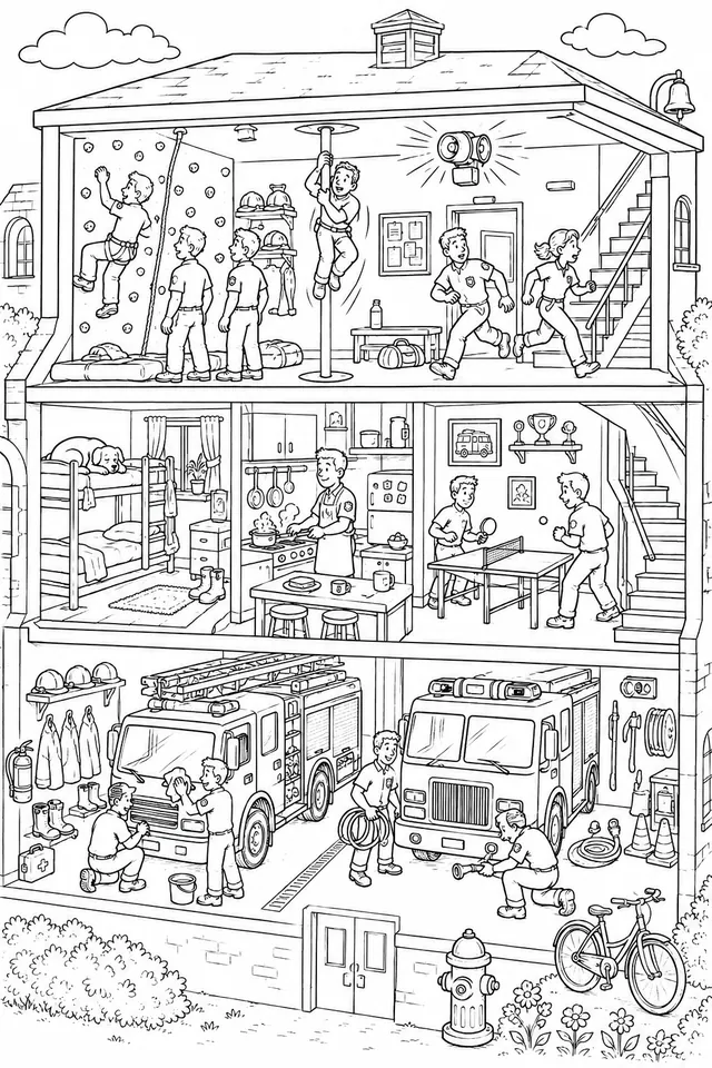 Wimmelbild: Querschnitt durch eine Feuerwache mit allen Räumen und Aktivitäten