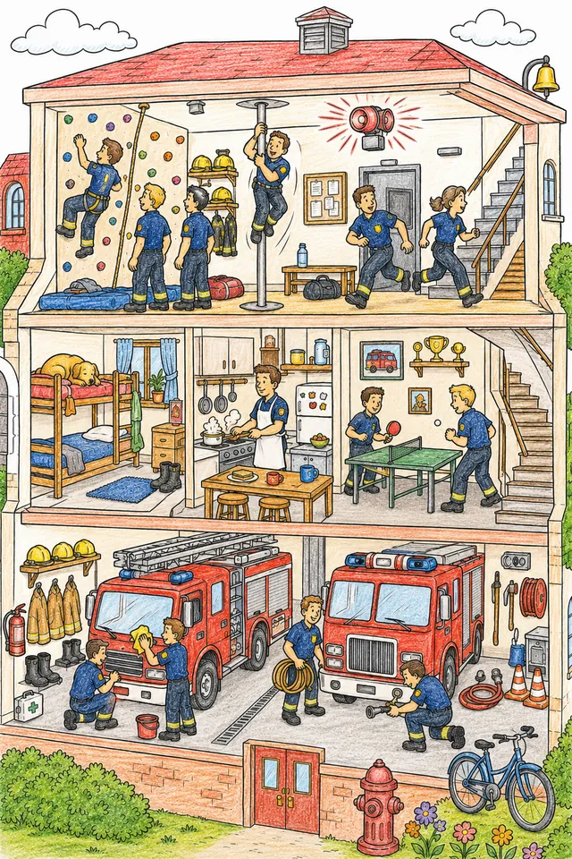 Querschnitt-Wimmelbild einer Feuerwache mit Garage, Schlafsaal und Küche, Alarm läutet