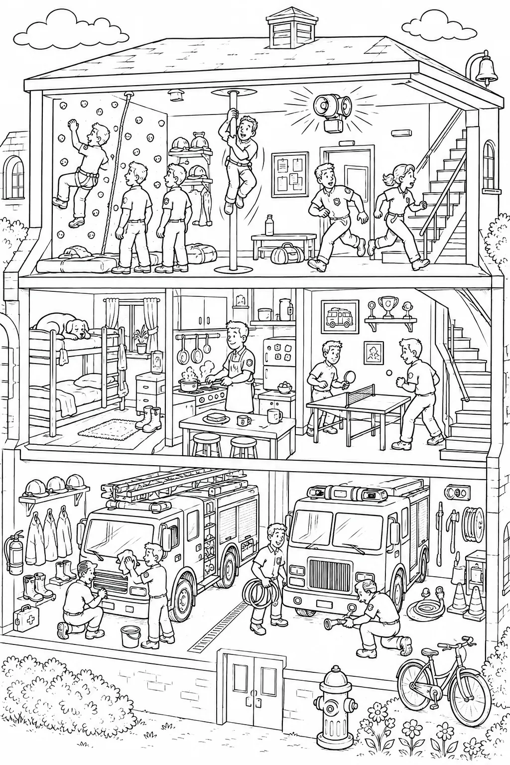 Querschnitt-Wimmelbild einer Feuerwache mit Garage, Schlafsaal und Küche, Alarm läutet