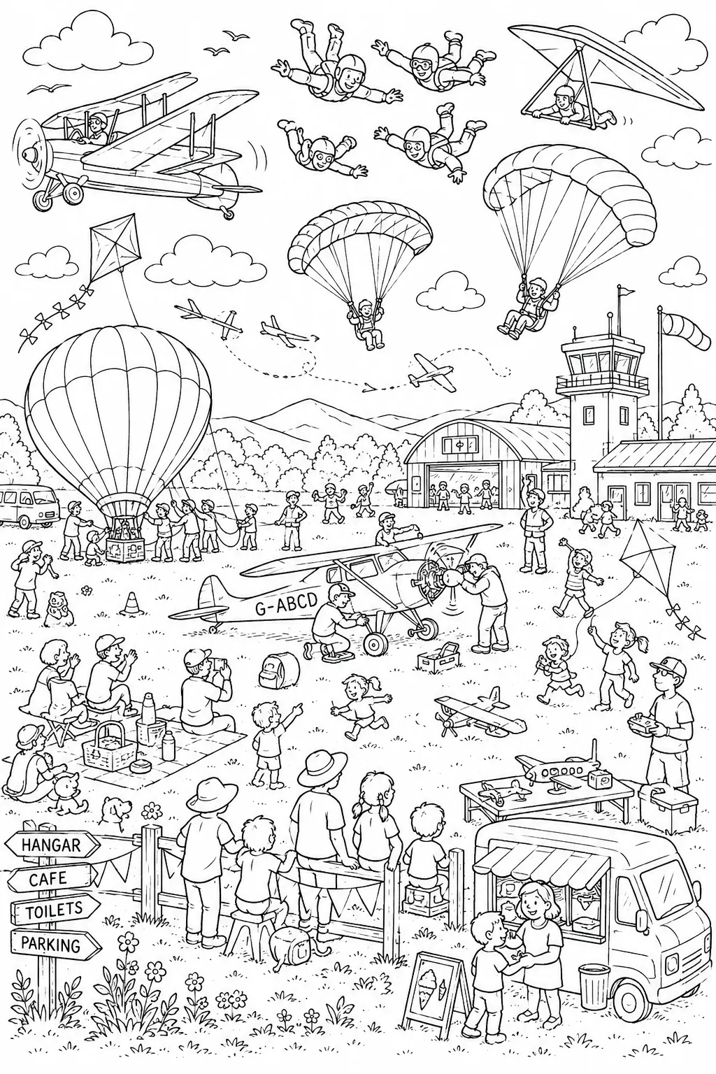 Wimmelbild eines Flugplatzes mit Heißluftballon, Fallschirmspringern, Gleitschirmfliegern und Drachenfliegern