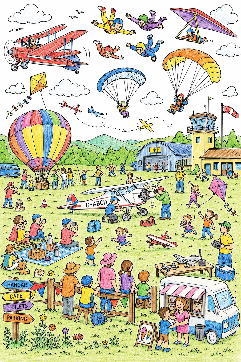 Wimmelbild: Belebter Flugplatz mit Ballons, Fallschirmspringern und Drachen