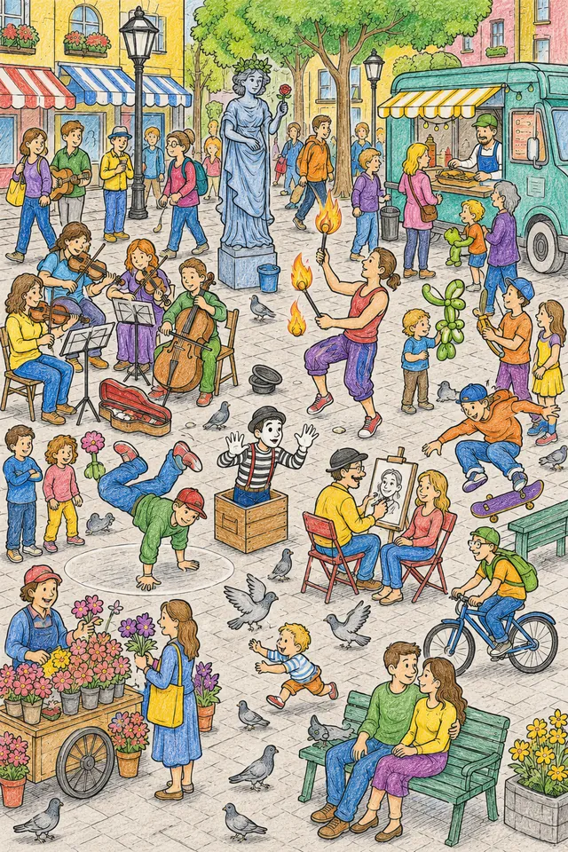 Wimmelbild einer bunten Stadtfußgängerzone mit Straßenkünstlern, Musikern und vielen Passanten