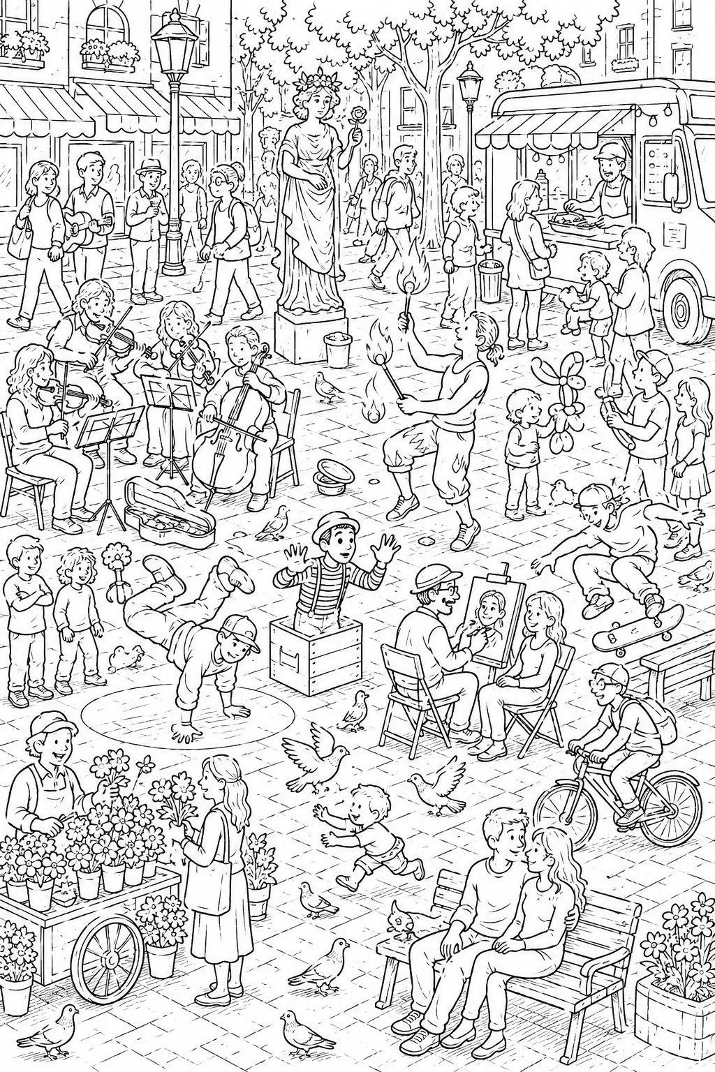 Wimmelbild of colorful city pedestrian zone with street performers, musicians and many passersby