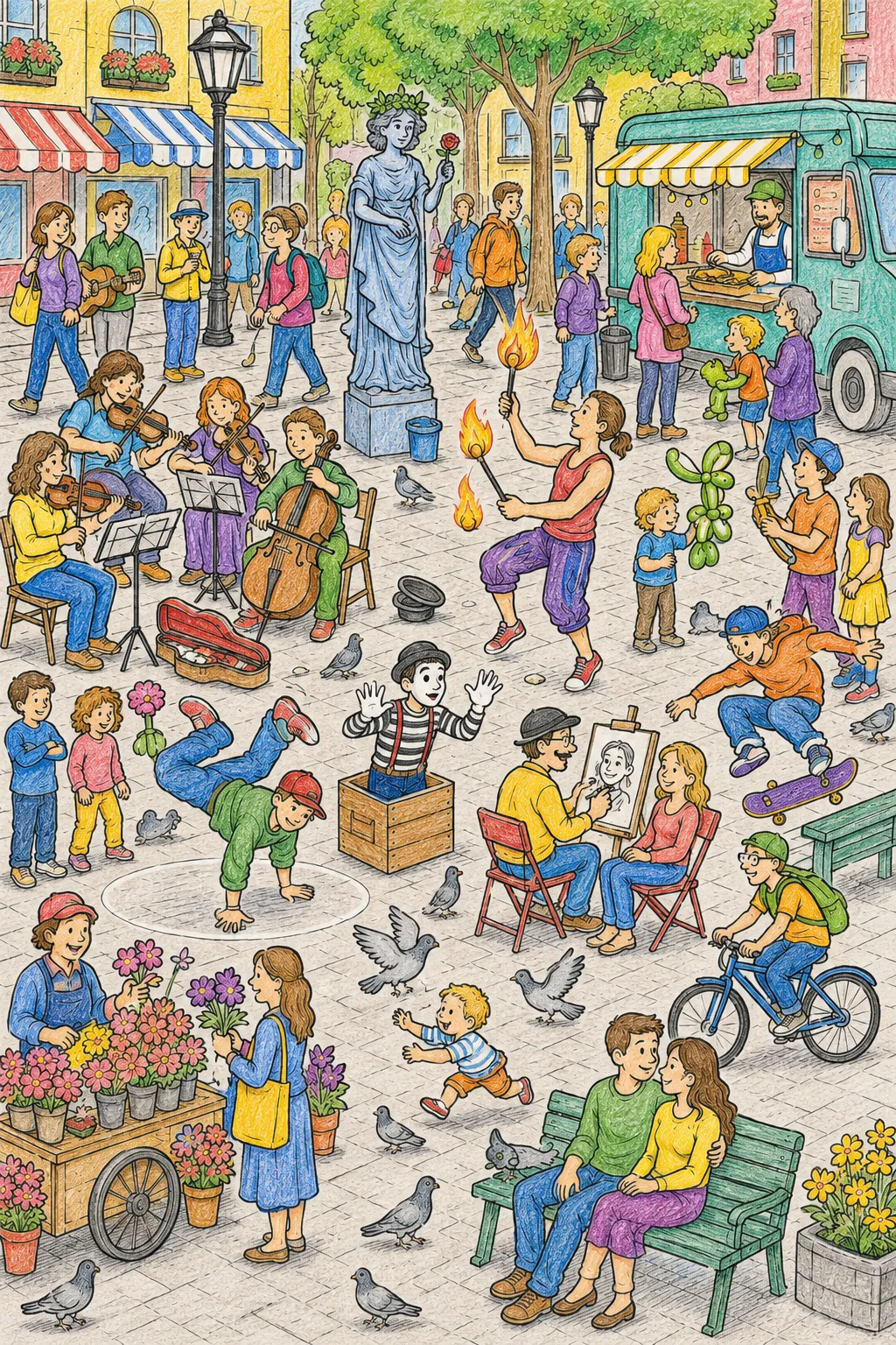 Wimmelbild: Bustling Pedestrian Zone with Street Performers and City Life