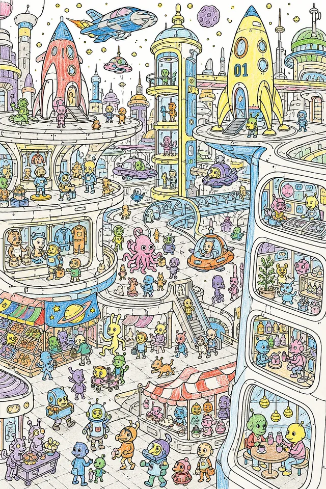 未来主义太空港城市和宇宙飞船与宇航员的找找图涂色页