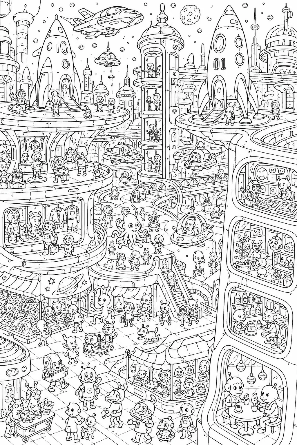 Wimmelbild-Ausmalseite einer futuristischen Raumhafenstadt mit Raumschiffen und Astronauten