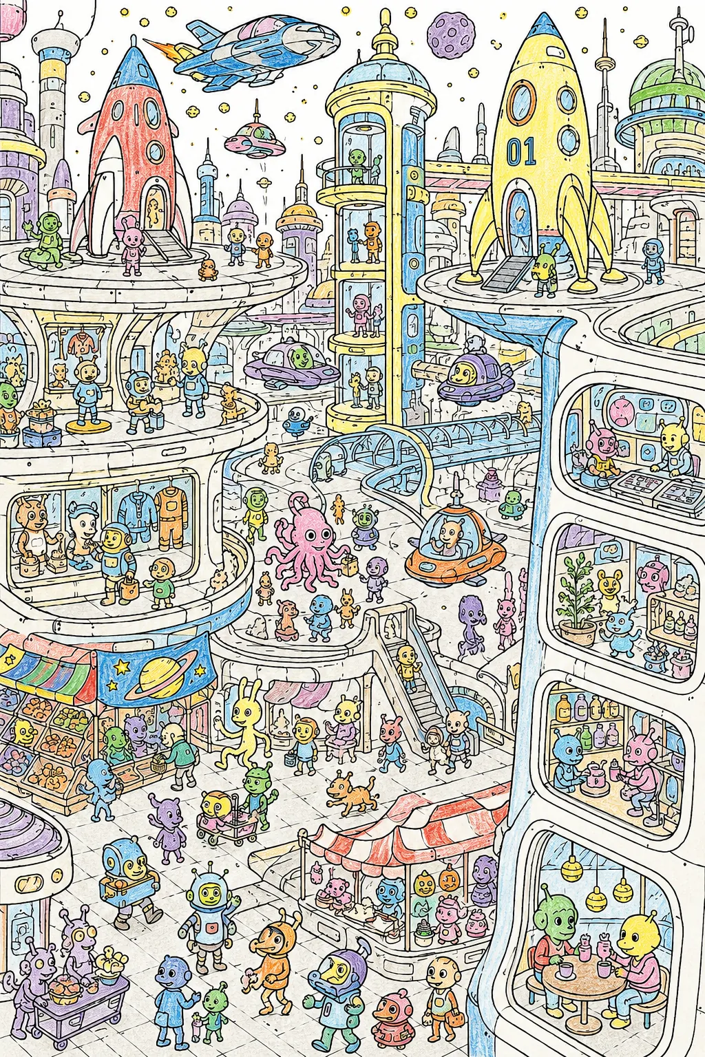 Wimmelbild: Futuristische Raumhafenstadt mit Raumschiffen