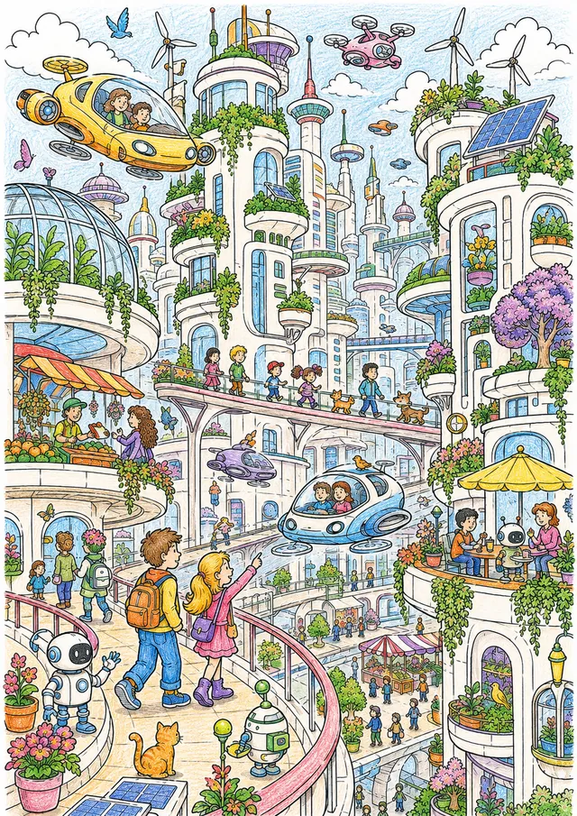 找找看模板：有垂直花园、飞行车辆和行人天空桥梁的未来城市