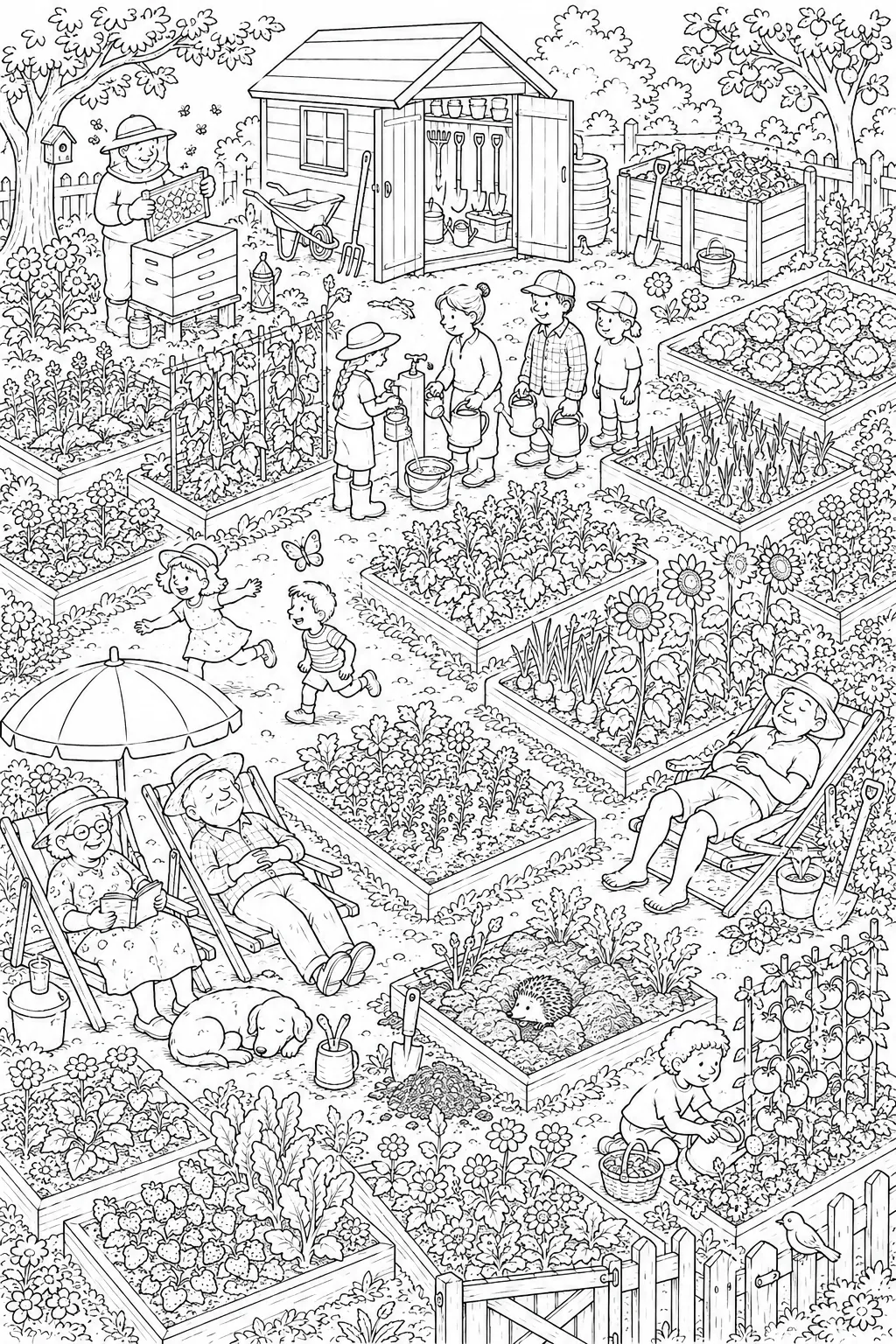 Bird's eye view wimmelbild of busy community garden with allotment gardeners and many details