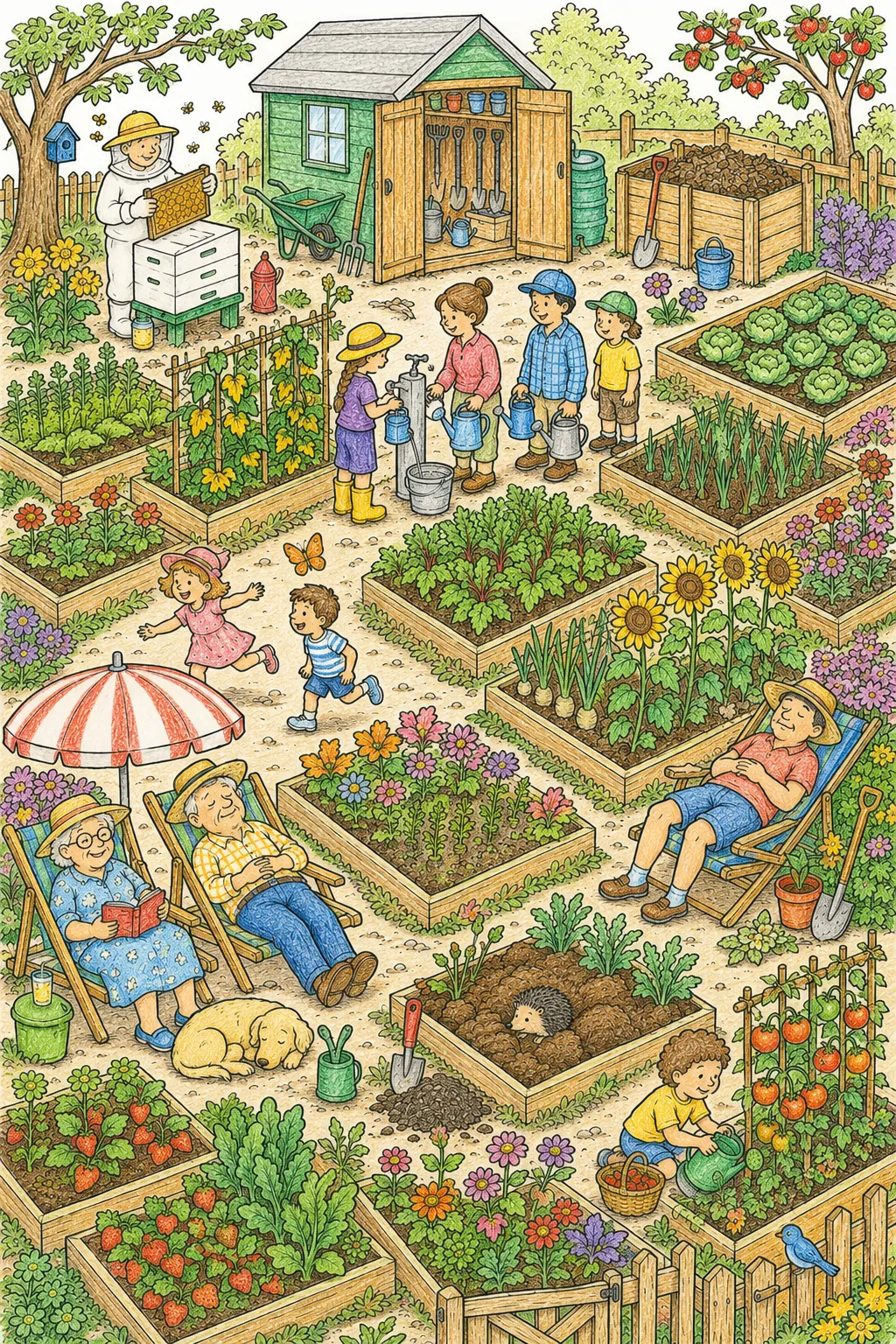 Wimmelbild: Community Garden in Summer Seen from Above