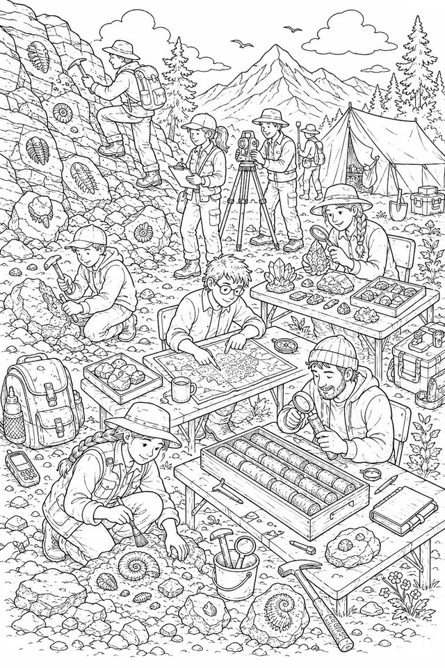 Wimmelbild: Geologisches Feldlager