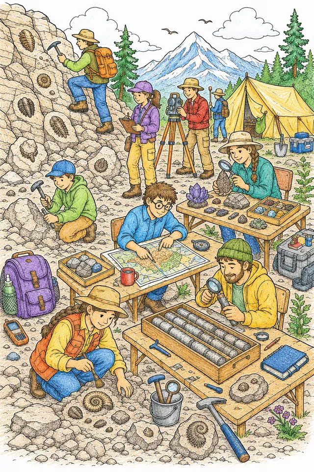 Wimmelbildvorlage: Geologisches Feldlager mit Forschern bei Gesteinsanalyse, Fossilienfund und Kartenstudium