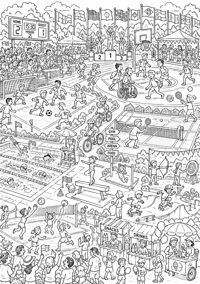 Wimmelbild: Großes Sportfest mit vielen verschiedenen Sportarten