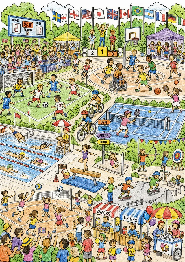 Wimmelbild eines großen Sportfests mit Sportlern vieler Sportarten und jubelnden Zuschauern