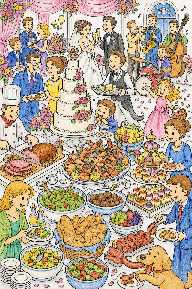 Wimmelbild: Großes Buffet auf Hochzeitsfeier – So könnte es aussehen