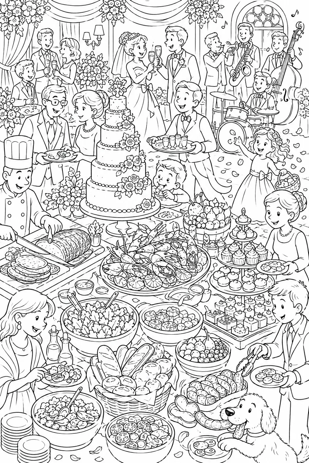 Ausmalseite Wimmelbild: Hochzeitsbuffet mit Gästen, Kellnern, mehrstöckiger Torte, Hund und Brautpaar